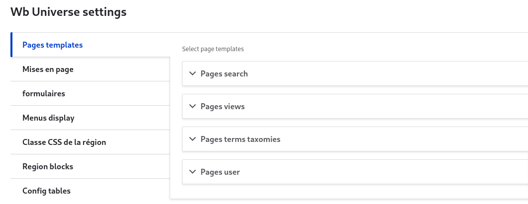 Paramètres des modèles de pages Wb_universe